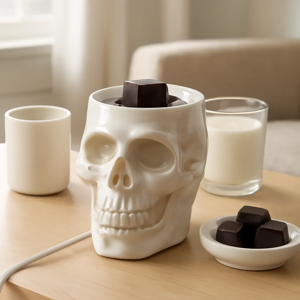 Lifestyle image: electric skull wax warmer melting dark seasonal wax cubes placed naturally in an American home, realistic lighting, safe clearances, uncluttered background, no text