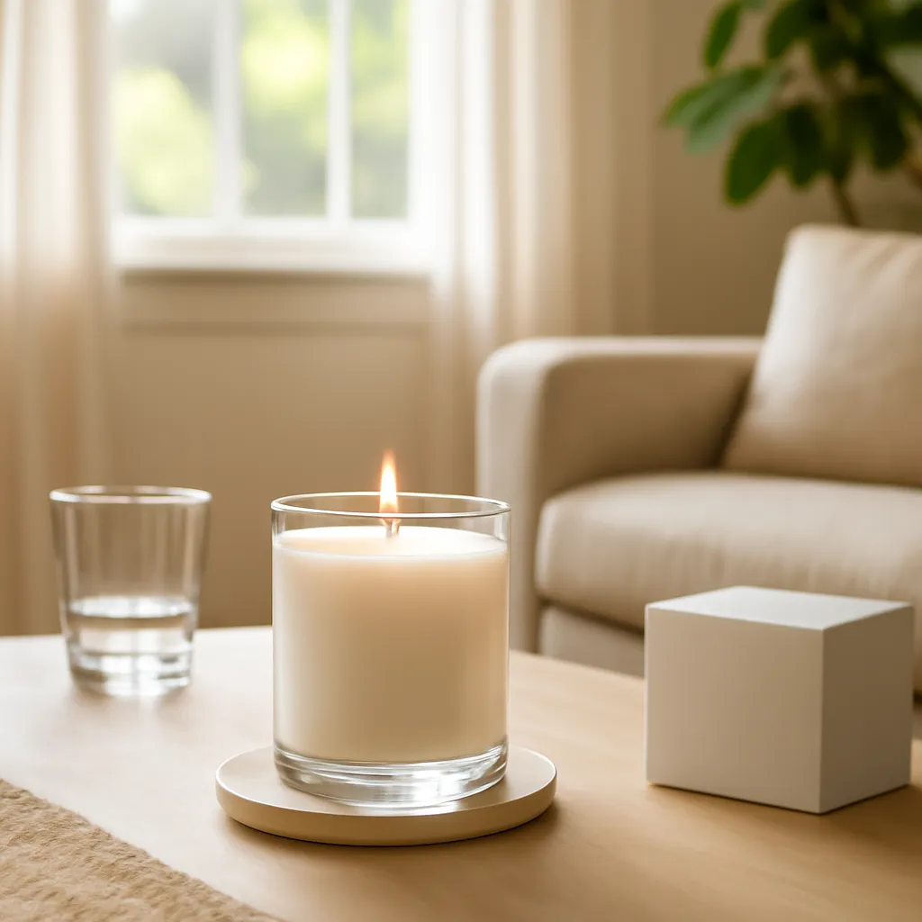 Lifestyle image: well-ventilated room with carefully used candle placed naturally in an American home or event setting, realistic light, uncluttered background, no text
