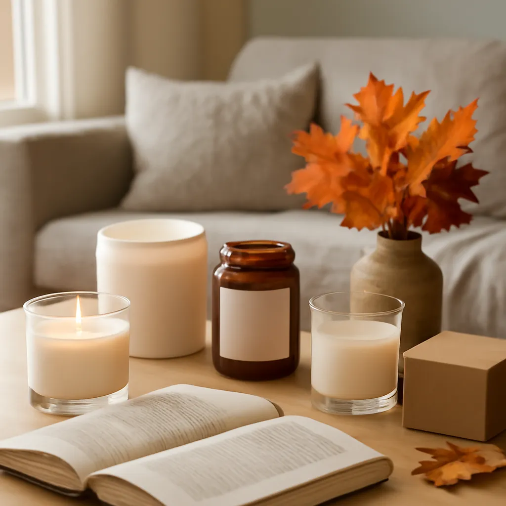 Lifestyle scene: educational autumn candle setup placed naturally in an American home, cozy but uncluttered, realistic daylight, no text