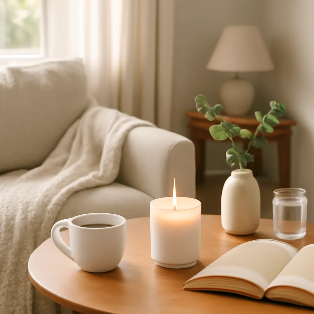 Lifestyle image: cozy coffee candle in a café-inspired reading nook placed naturally in an American home or event setting, realistic light, uncluttered background, no text