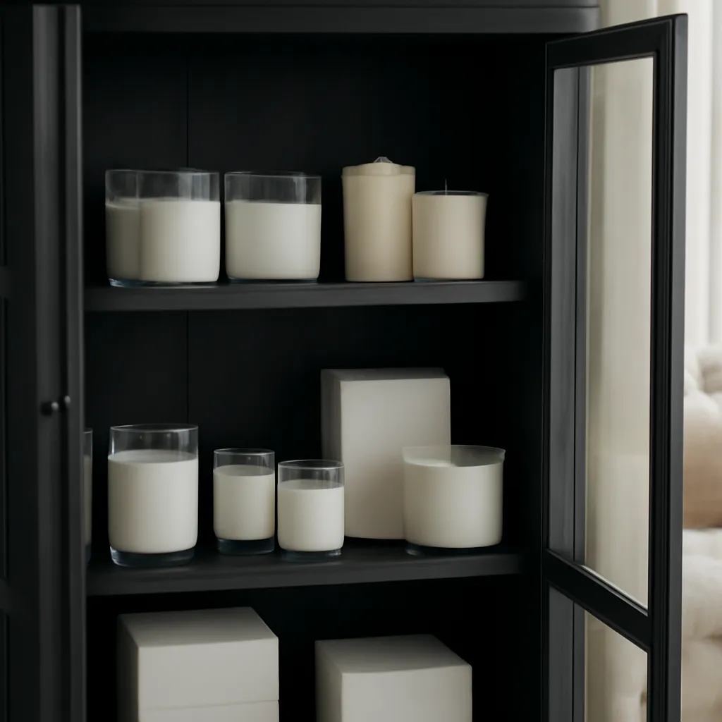 Lifestyle image: properly stored candles in a cool dark cabinet placed naturally in an American home or event setting, realistic light, uncluttered styling, no text