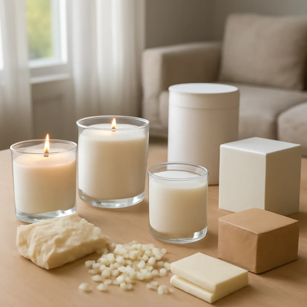 Lifestyle image: natural-style candle labels and several wax materials placed naturally in an American home or event setting, realistic light, uncluttered styling, no text
