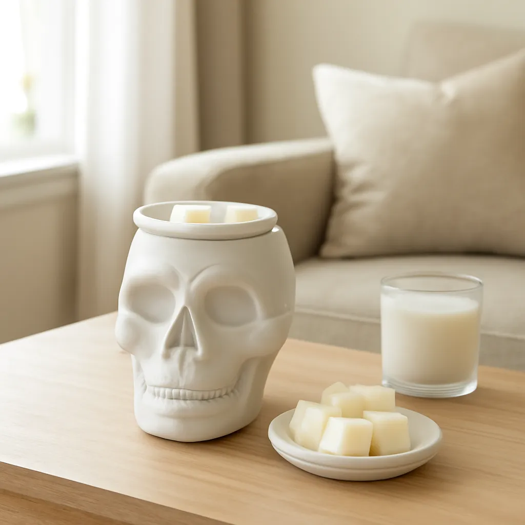 Lifestyle image: skull tart warmer with neatly portioned wax tarts placed naturally in an American home, realistic lighting, safe clearances, uncluttered background, no text