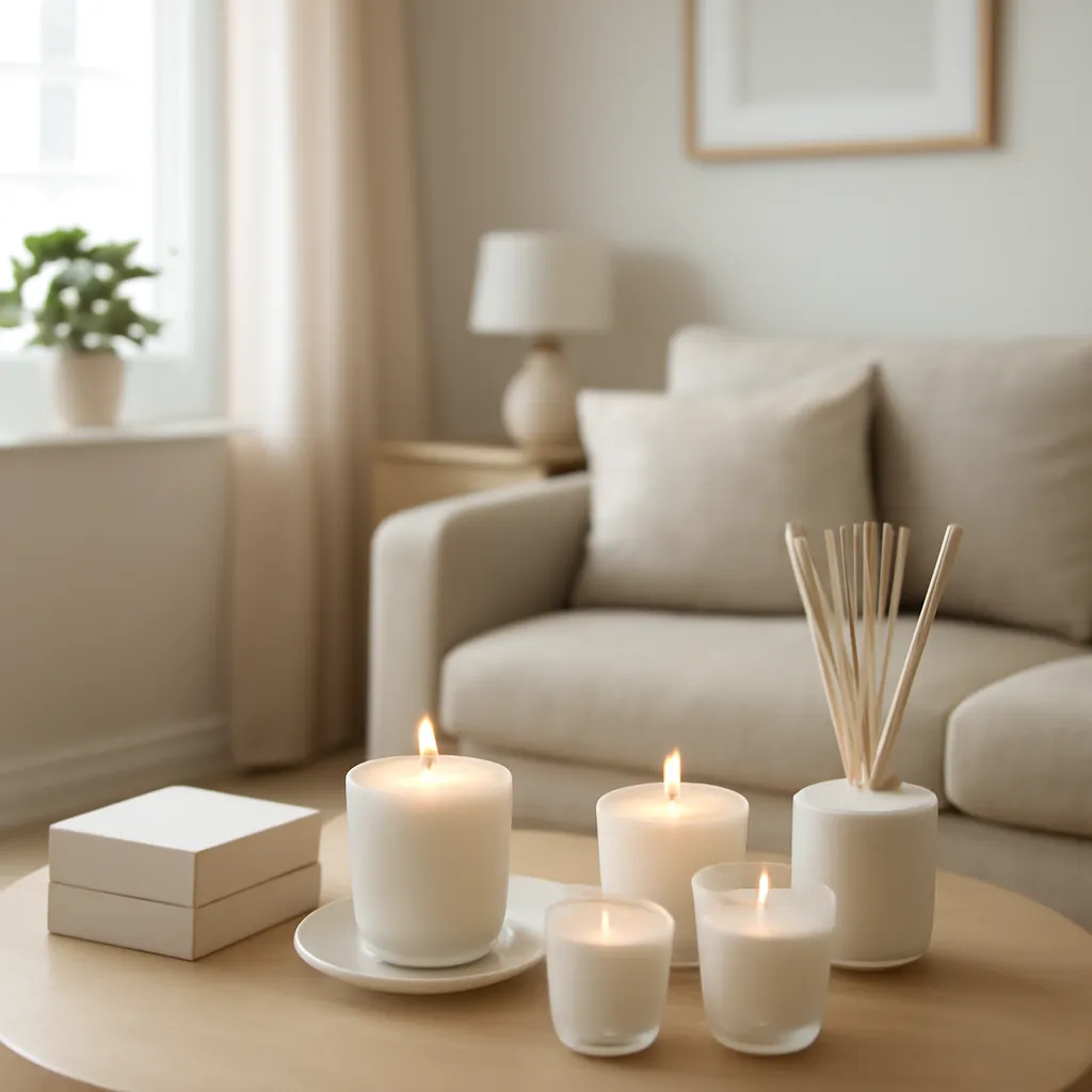Lifestyle scene: small stylish apartment with subtle candle fragrance placed naturally in an American home, cozy but uncluttered, realistic daylight, no text