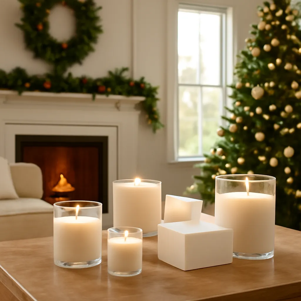 Lifestyle image: elegant Christmas home with festive candles placed naturally in an American home or event setting, realistic light, uncluttered background, no text