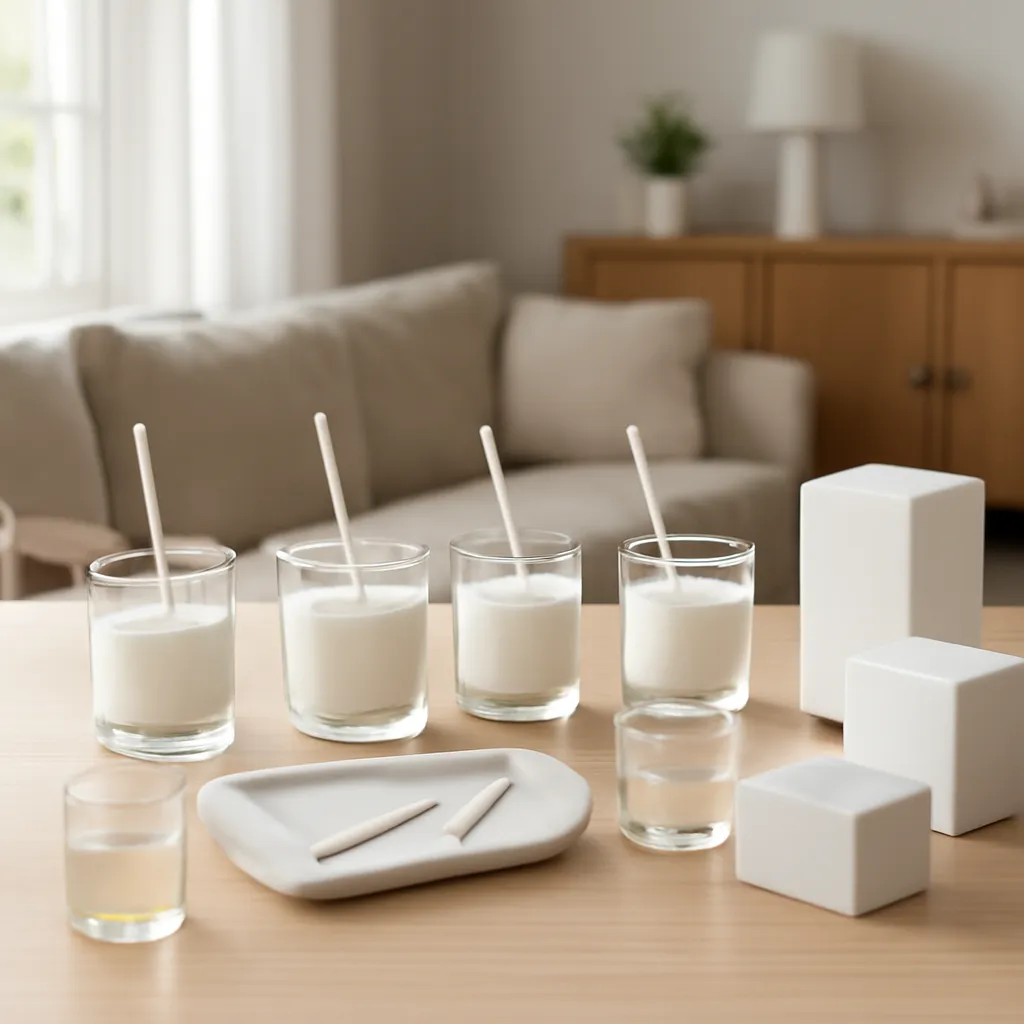 Lifestyle image: professional candle fragrance oil testing station placed naturally in an American home or event setting, realistic light, uncluttered styling, no text