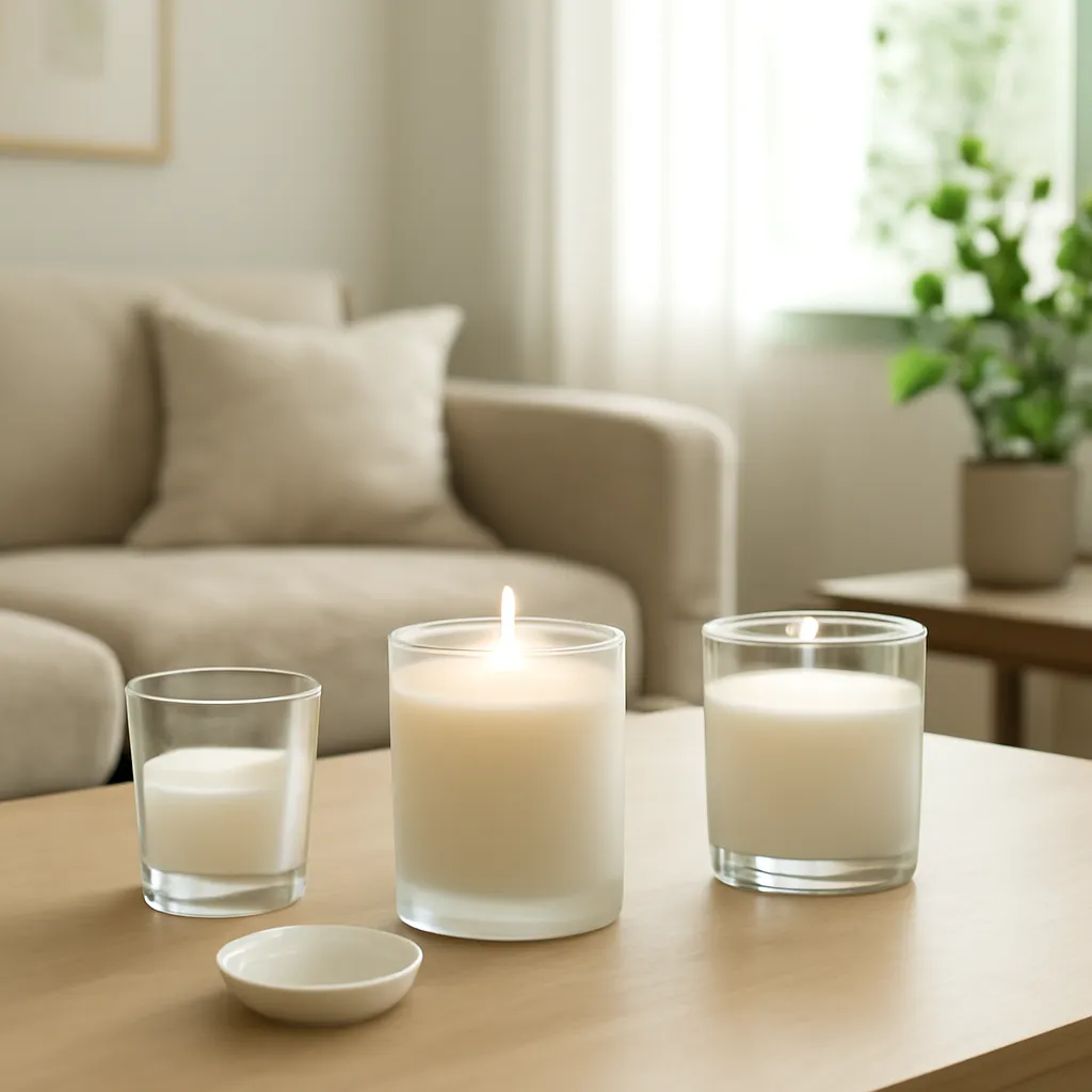 Lifestyle image: careful candle use in a clean and well-ventilated room placed naturally in an American home or event setting, realistic light, uncluttered styling, no text