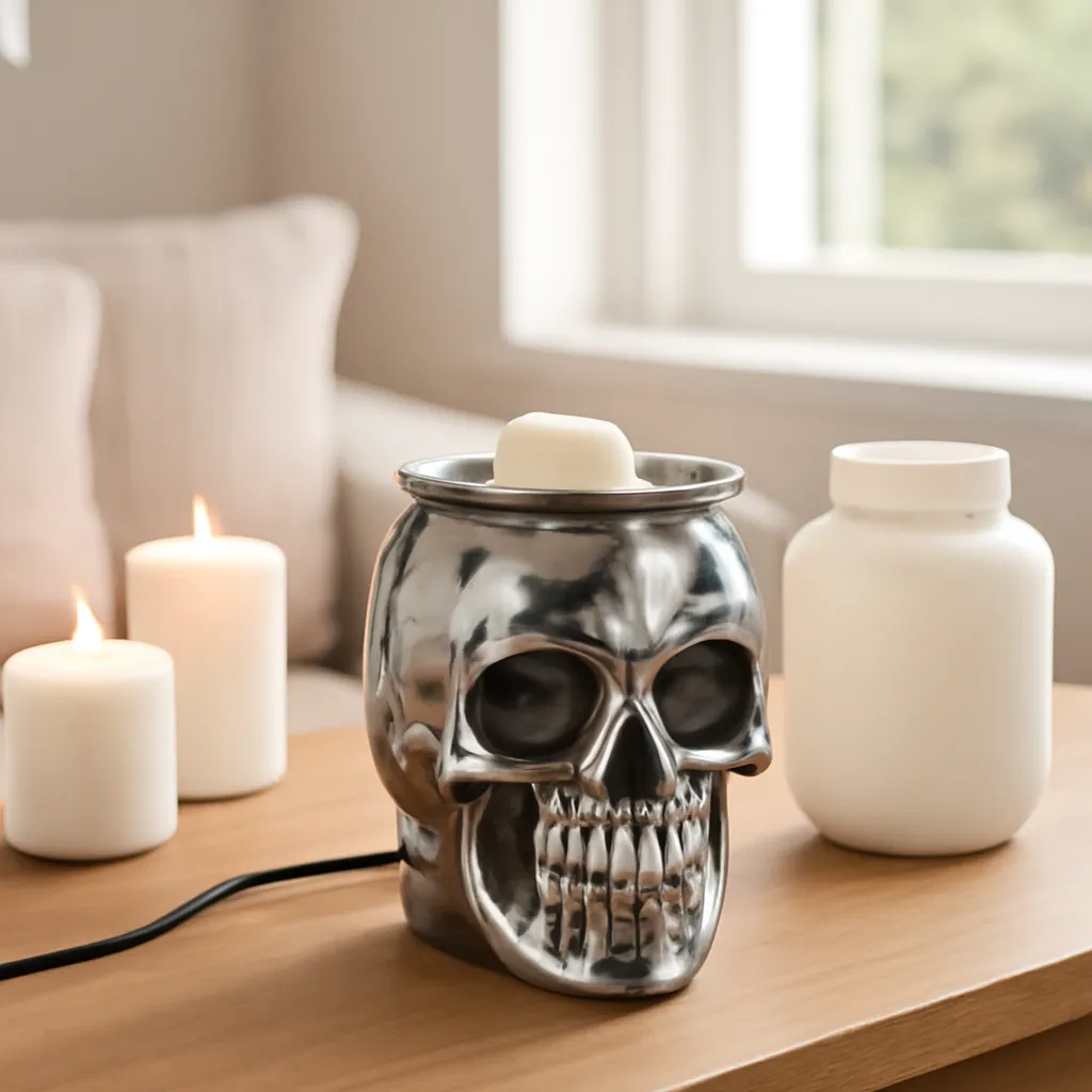 Lifestyle image: premium electric skull wax warmer in a dark seasonal setup placed naturally in an American home, realistic lighting, safe clearances, uncluttered background, no text