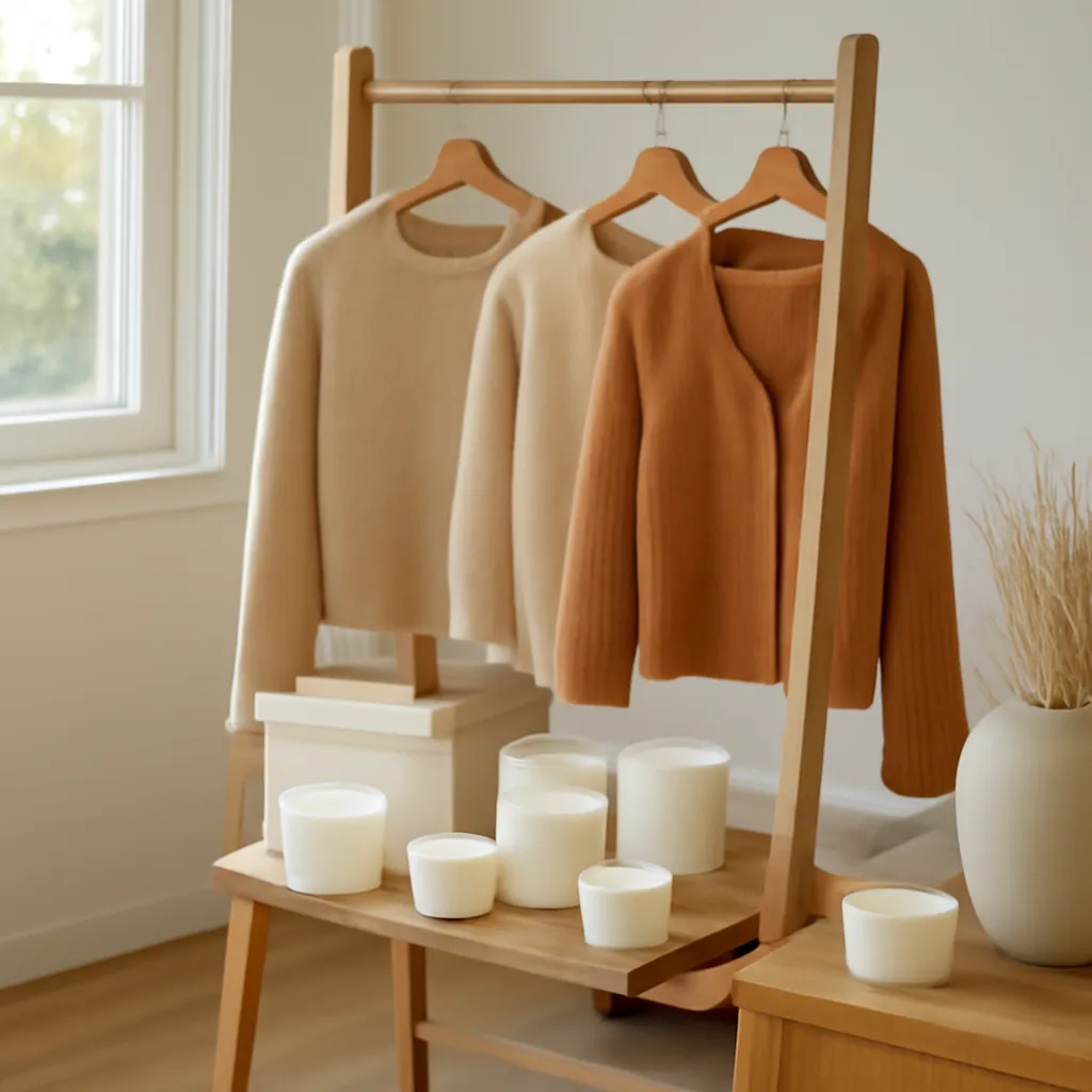 Lifestyle scene: organized six-candle seasonal wardrobe placed naturally in an American home, cozy but uncluttered, realistic daylight, no text