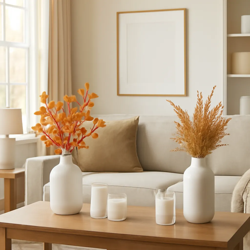 Lifestyle scene: fall versus autumn search-language comparison placed naturally in an American home, cozy but uncluttered, realistic daylight, no text
