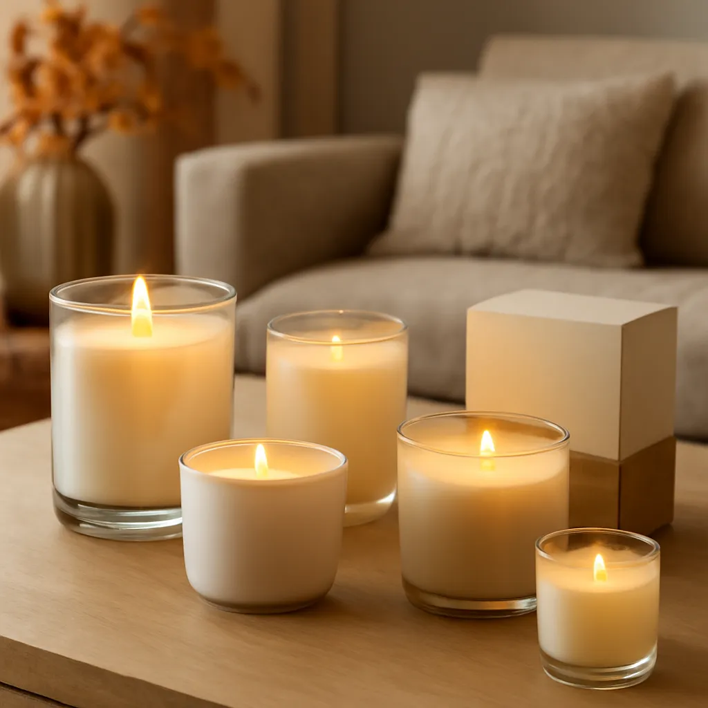 Lifestyle image: warm early-autumn candle collection placed naturally in an American home or event setting, realistic light, uncluttered background, no text
