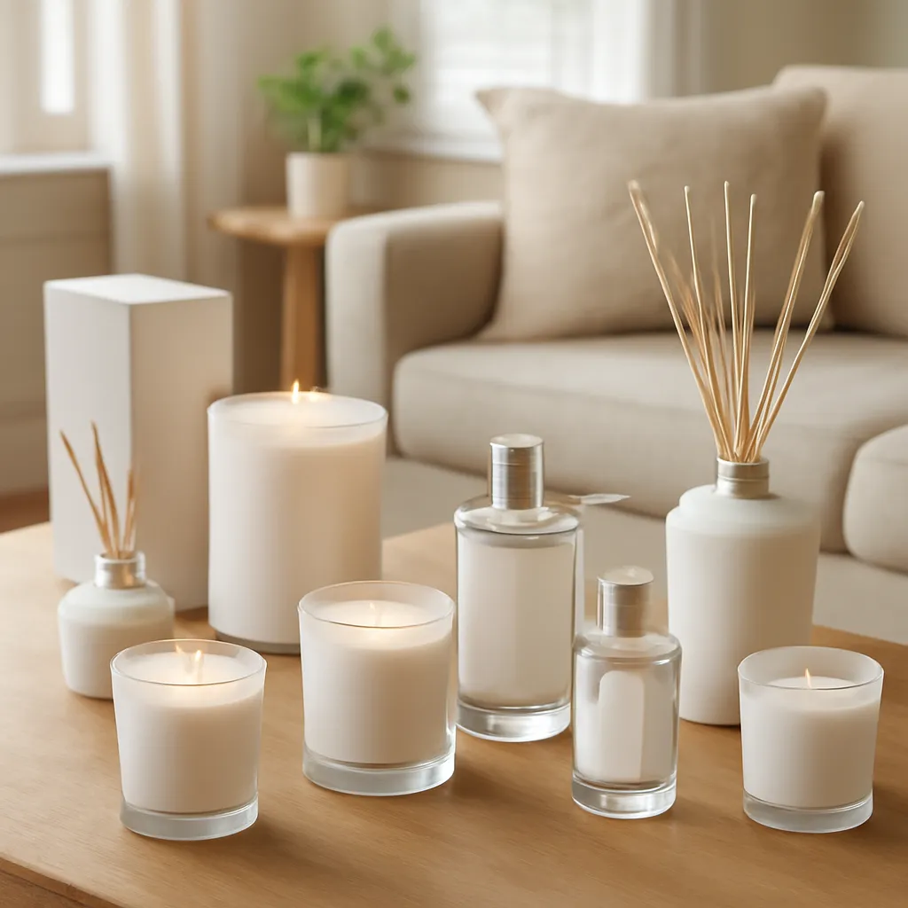 Lifestyle image: twenty coordinated fragrance pairing concepts placed naturally in an American home or event setting, realistic light, uncluttered styling, no text