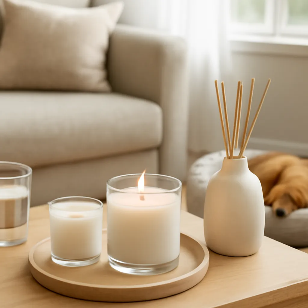 Lifestyle image: supervised scented candle use in a tidy pet-friendly home placed naturally in an American home or event setting, realistic light, uncluttered styling, no text