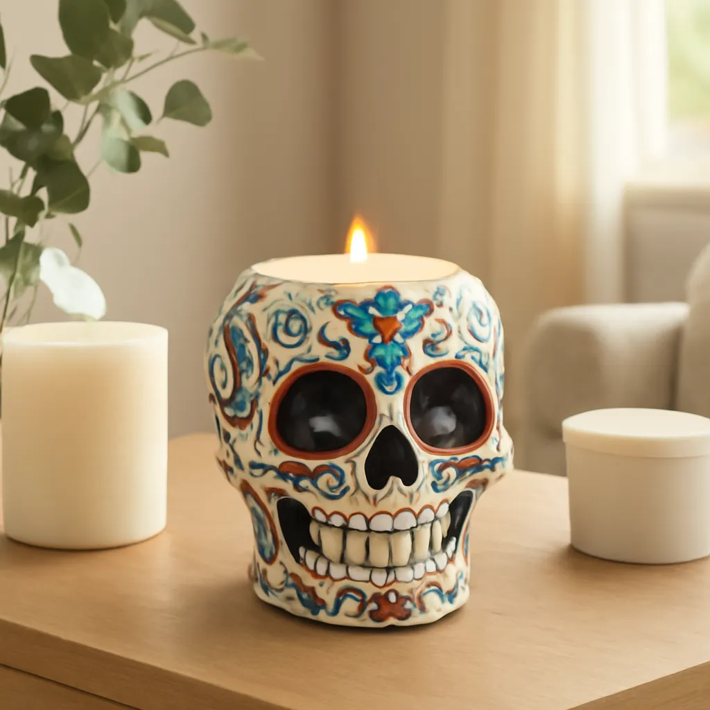 Lifestyle image: artful sugar skull candle warmer with refined colorful accents placed naturally in an American home, realistic lighting, safe clearances, uncluttered background, no text