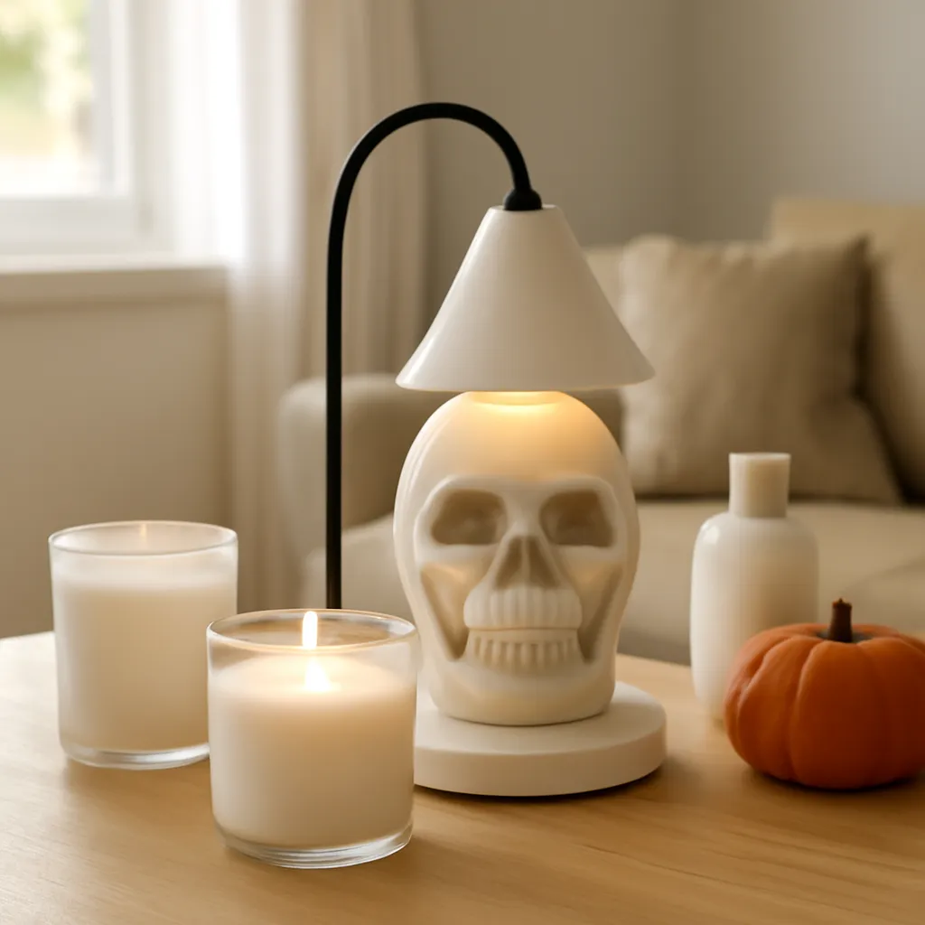 Lifestyle image: cozy Halloween fragrance corner with a skull candle warmer lamp placed naturally in an American home, realistic lighting, safe clearances, uncluttered background, no text