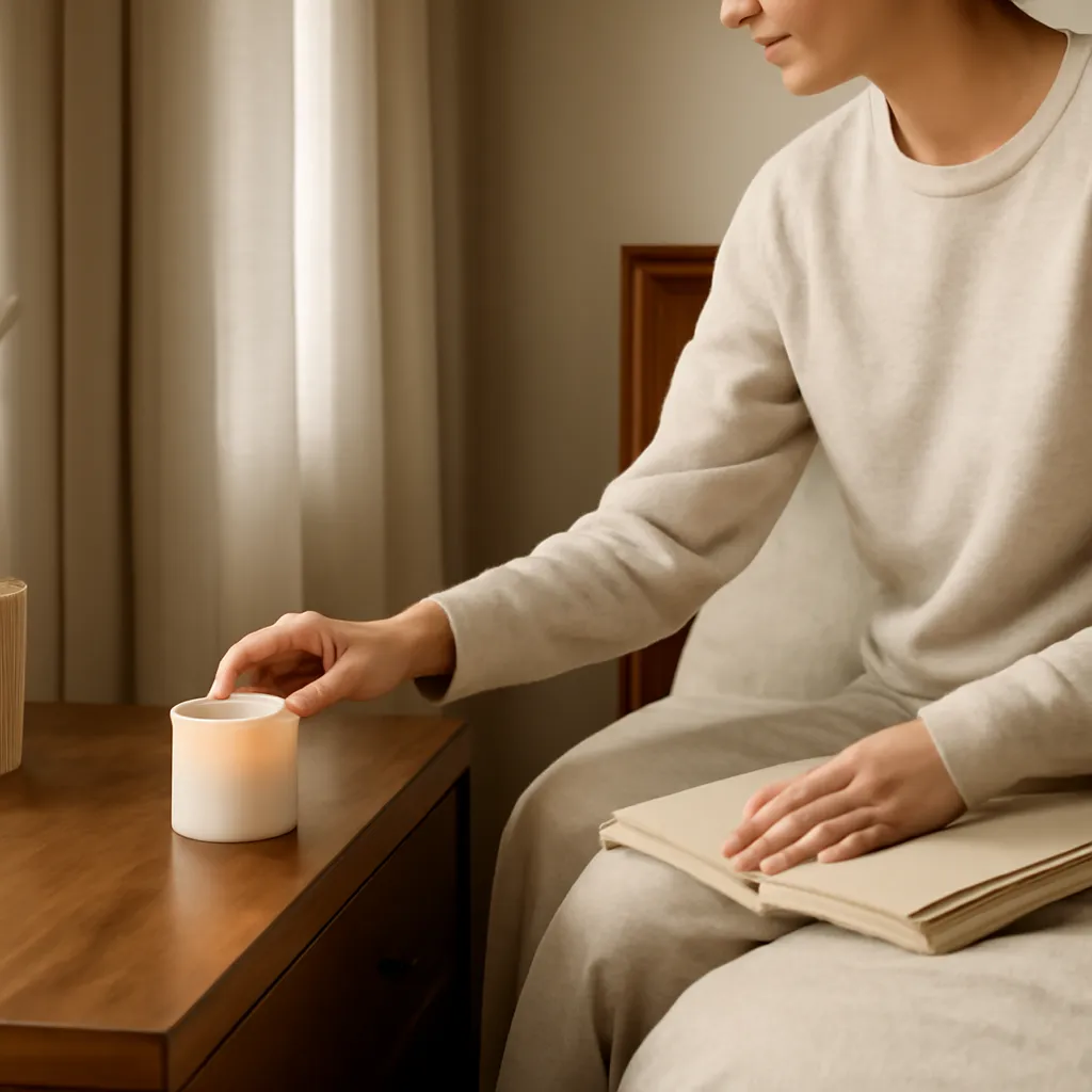 Lifestyle image prompt — horizontal 3:2 candid scene in an authentic, well-designed American home. a person in neutral loungewear gently adjusting a warmer dimmer or placing an unlit candle on a stable dresser, then settling into bed with a book; keep the candle clearly away from curtains and bedding. Use soft caramel, warm ivory, oatmeal linen, muted walnut brown and restrained amber highlights with realistic daylight and warm practical lighting, natural human gestures, believable scale and a lived-in but uncluttered environment. Keep the candle action logically connected to the article topic and place the product on a stable surface with sensible clearance. Use shallow editorial depth of field without blurring the key action. No posed model looking at camera, no text, no logo, no watermark, no unsafe behavior, no duplicated hands or objects, no overly staged showroom feel.