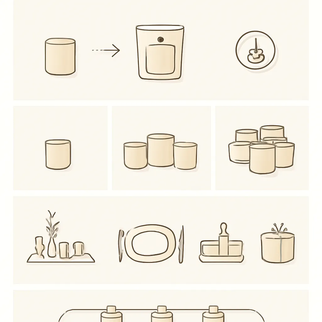 Create a clean premium vertical infographic concept titled visually through structure, not generated text, for a guide about choosing and styling scented votive candles. Use a warm ivory, soft beige, champagne, muted amber and charcoal palette with refined thin-line illustrations and realistic simplified product icons. Divide the layout into four clearly separated sections with strong visual hierarchy: Section 1 — Holder Fit: Show a compact votive candle beside a properly sized glass holder, followed by the candle placed correctly inside the holder. Include a simple visual indicator demonstrating that lit votives belong inside heat-safe holders. Section 2 — Grouping Styles: Show three visual arrangements: one single votive, a coordinated trio and a larger clustered arrangement. Use top-view icons to clearly demonstrate spacing and visual balance without adding unsupported numerical recommendations. Section 3 — Styling by Setting: Show four small scene icons representing a wedding or event table, a dinner table, a bathroom tray and a gift box. Each scene should demonstrate a distinct but realistic votive arrangement. Section 4 — Planning and Quantity: Show a simplified long-table diagram with repeated votive clusters and clean empty circular quantity markers. Leave the quantity fields blank so accurate numbers can be added later based on the final article’s quantity guide. Use minimal decorative elements, generous white space, consistent icon scale and clearly defined empty caption bands beneath each section for later professional typesetting. Do not generate paragraphs or small AI-written text. The infographic must remain understandable through icons, grouping and visual sequencing. Modern editorial infographic design for an American candle and home decor blog, polished, clear and easy to scan. No random letters, no misspelled text, no fake statistics, no unsupported burn-time claims, no invented safety certifications, no logos, no watermark, no excessive decoration, no dark background and no photorealistic people.