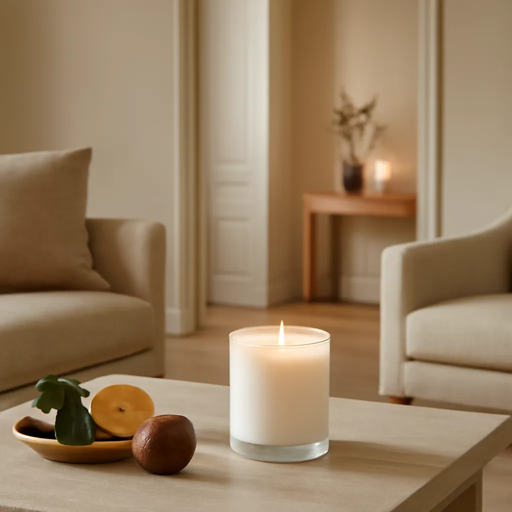 Create a sophisticated lifestyle photograph showing fragrance layering across two connected rooms in a modern American home. In the foreground living room, place one larger scented candle on a stone coffee table beside subtle bergamot and fig styling elements. This candle represents the dominant fragrance. Through an open doorway in the background, show a second candle on a console table in the adjacent dining room with cedarwood and vanilla styling elements. The second candle should be visible but not visually dominant. Use architectural depth to clearly communicate scent flow between spaces. The candles should not sit directly beside each other; distance between them is essential to represent layering multiple products across rooms. Style the home with warm neutral furniture, light oak, cream upholstery, soft linen and restrained autumn accents. Keep the space cozy but not seasonal or decorative enough to distract from the fragrance concept. Use realistic late-afternoon daylight with soft warm interior illumination. Focus primarily on the foreground candle while keeping the background candle recognizable through natural depth of field. The image should communicate that fragrance layering can happen through spatial planning, not only by combining multiple fragrance notes into one candle. No visible text, no labels, no logos, no excessive decor, no fake fragrance smoke, no duplicated furniture, no candles placed near curtains, no dramatic Halloween styling and no over-saturated autumn colors.