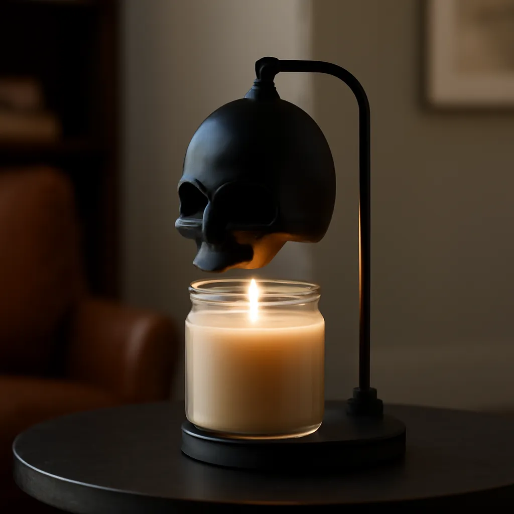 Create a premium lifestyle photograph showing a skull candle warmer lamp being used naturally with a compatible jar candle in a contemporary American home. Place a matte black skull candle warmer lamp on a dark wood or charcoal stone side table in a refined living room or reading corner. Position one medium-size clear glass jar candle correctly centered beneath the lamp head. The jar should have a moderate height, stable base, wide enough opening and smooth warm beige wax. Show the lamp pole adjusted so the bulb sits comfortably above the jar with visible clearance. Keep generous empty space around the lamp and avoid placing fabric, books, curtains or decorative objects close to the warming area. A few restrained background elements such as a leather chair, dark wood shelf or neutral wall art may appear softly out of focus. Use warm evening ambient light combined with the lamp’s controlled glow. The light should illuminate the wax surface and slightly brighten the skull eye area without creating an exaggerated supernatural effect. Camera angle: three-quarter left view at approximately table height, allowing viewers to clearly see the jar position, adjustable pole, bulb distance and surrounding clearance. The overall mood should feel moody, upscale and sophisticated, suitable for a modern Gothic-inspired American interior rather than a Halloween party scene. No text, no logos, no visible flame, no crowded props, no jar touching the bulb, no fabric close to the heating area, no pets or children, no exaggerated red lighting, no smoke and no artificial CGI look.