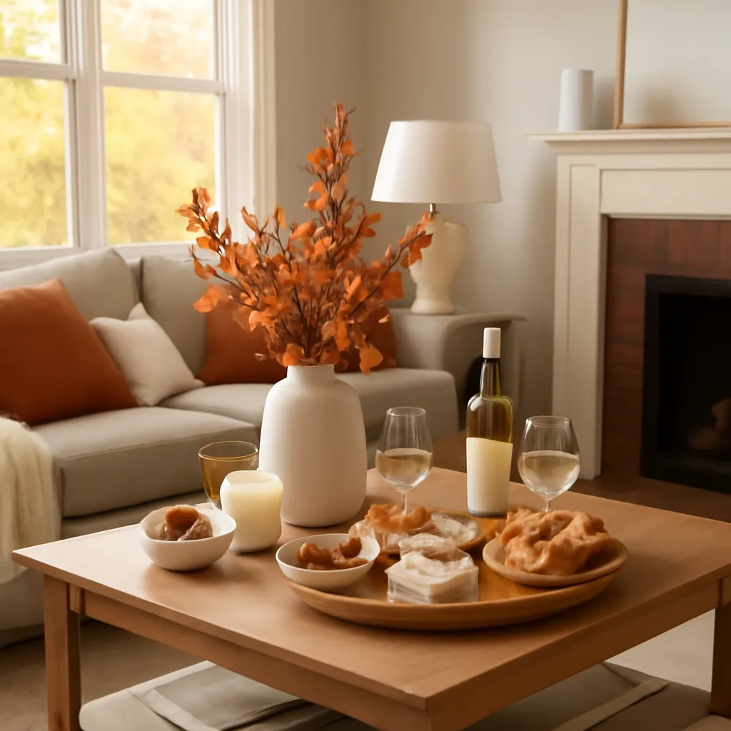 Lifestyle scene: elegant fall hosting in an American living room placed naturally in an American home, cozy but uncluttered, realistic daylight, no text