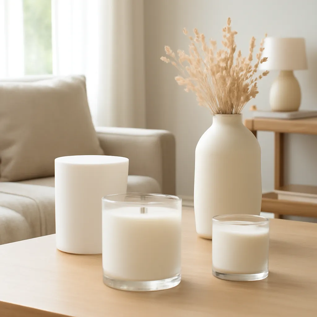 Lifestyle image: perfume-inspired candles styled in different rooms placed naturally in an American home or event setting, realistic light, uncluttered background, no text