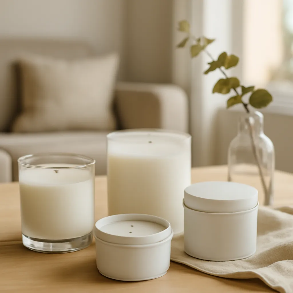 Lifestyle image: minimal soy candle collection with natural styling placed naturally in an American home or event setting, realistic light, uncluttered styling, no text