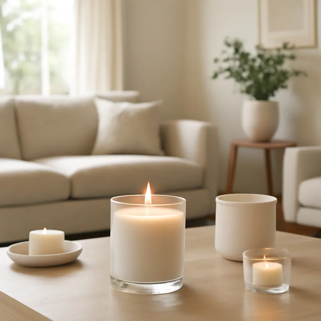 Lifestyle image: a strong-performing candle scenting a spacious living room placed naturally in an American home or event setting, realistic light, uncluttered styling, no text