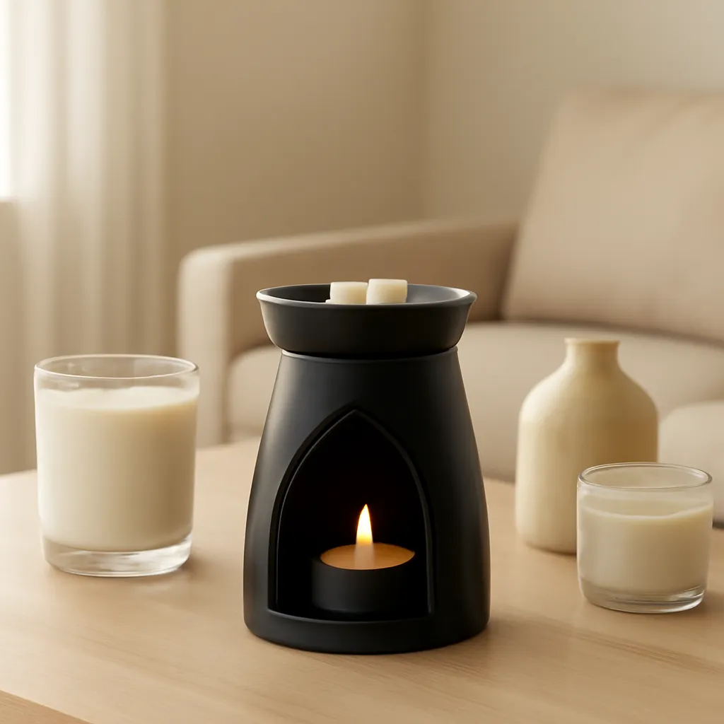Lifestyle image: minimal Gothic wax warmer in a balanced neutral room placed naturally in an American home, realistic lighting, safe clearances, uncluttered background, no text