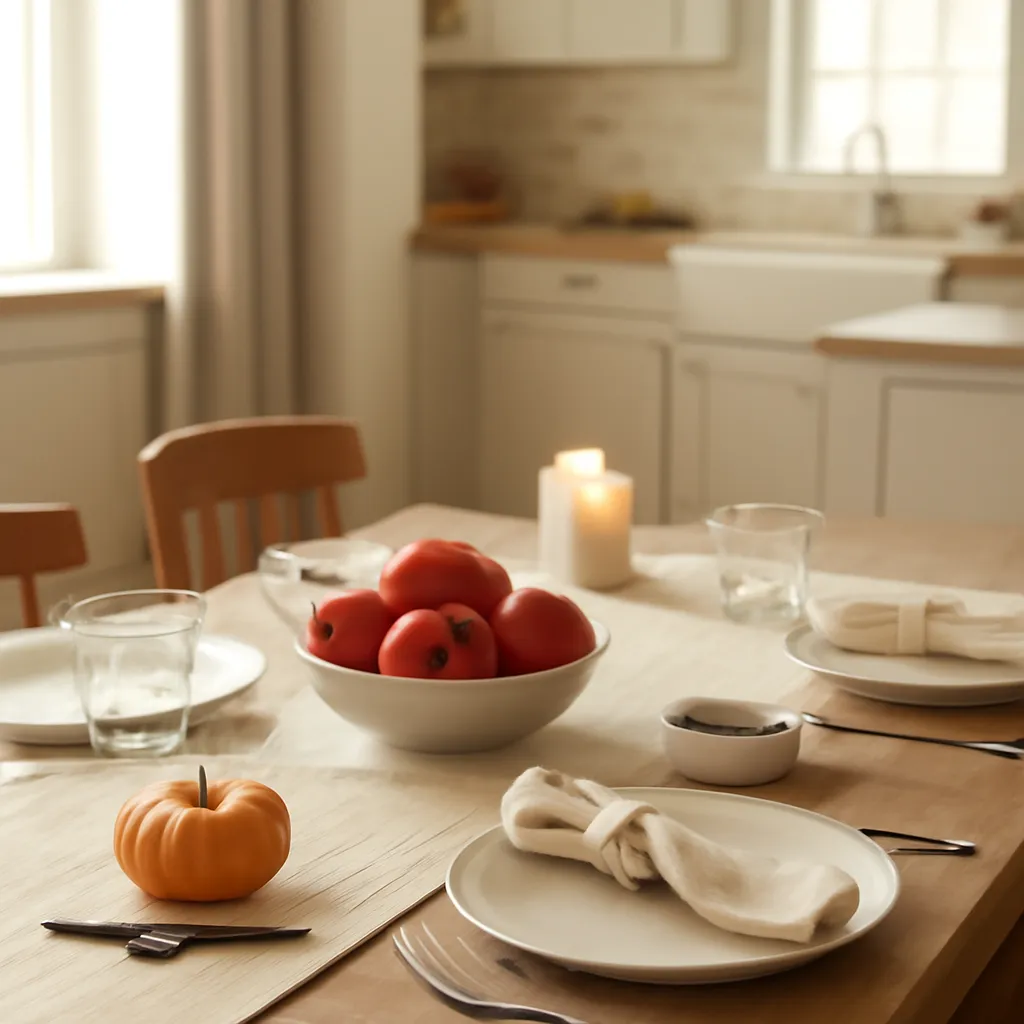 Premium editorial lifestyle photograph showing how a subtle fall candle can complement a kitchen and dining environment without visually competing with the food. Create a bright open-plan American kitchen connected to an elegant dining area. In the foreground or mid-ground, show a refined dining table prepared for a simple autumn meal with neutral ceramic plates, clear glassware, warm beige linen napkins, natural wood details, and restrained seasonal food presentation. Place one elegant scented candle on a nearby sideboard, console table, or separate kitchen counter rather than directly beside the plates or food. The candle should feel like a subtle background element that contributes to the room atmosphere. Include a restrained fragrance story through small supporting details: a bowl with fresh apples, one or two cinnamon sticks, a vanilla pod, a coffee cup or a small dish of coffee beans, and one miniature pumpkin. Do not display all ingredients prominently; they should feel naturally incorporated into the room. Use warm late-afternoon natural light entering through large windows. The connected kitchen should feature cream cabinetry, light stone countertops, oak accents, while the dining area uses natural wood furniture, ivory ceramics, linen textures, and muted caramel details. Create visual depth by keeping the dining scene slightly sharper in the foreground while the kitchen transitions softly into the background. Maintain a bright, comfortable, sophisticated American home atmosphere. Color palette: cream, beige, caramel, oak brown, cinnamon brown, muted terracotta, soft pumpkin orange, and warm amber. Premium US lifestyle photography, editorial home magazine aesthetic, realistic daylight, natural food and material textures, cozy but uncluttered, sophisticated autumn styling, no people, no text, no logos, no Halloween decorations, no excessive pumpkins, no artificial fall leaf scatter.