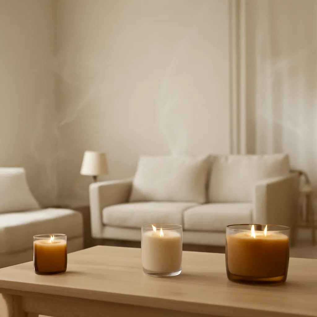 Premium editorial concept image illustrating how fragrance strength and scent throw relate to different room sizes when choosing scented candles. Create a clean visual composition divided naturally into three lifestyle zones rather than using heavy infographic graphics. Zone 1: small bedroom or reading nook represented by a small candle with soft subtle fragrance diffusion. Zone 2: medium living room represented by a medium-sized candle with moderate fragrance diffusion. Zone 3: larger open-plan living area represented by a wider candle or multi-wick candle with a fuller but still elegant fragrance atmosphere. Use subtle translucent fragrance waves or soft atmospheric diffusion around each candle to visually suggest light, medium, and stronger scent throw. Keep the effect realistic and understated, not colorful smoke. Include small supporting visual details such as vessel size differences, single-wick versus multi-wick designs, and room-scale cues. Interior palette: cream, warm beige, natural oak, light taupe, amber glass, soft brown, and muted neutral accents. The image should help shoppers understand that fragrance strength should be matched to room size and personal preference rather than suggesting that stronger is always better. High-end editorial home fragrance photography combined with subtle educational visualization, photorealistic candles and interiors, clean composition, sophisticated US lifestyle aesthetic, no text, no logos, no dramatic smoke, no artificial glowing effects.