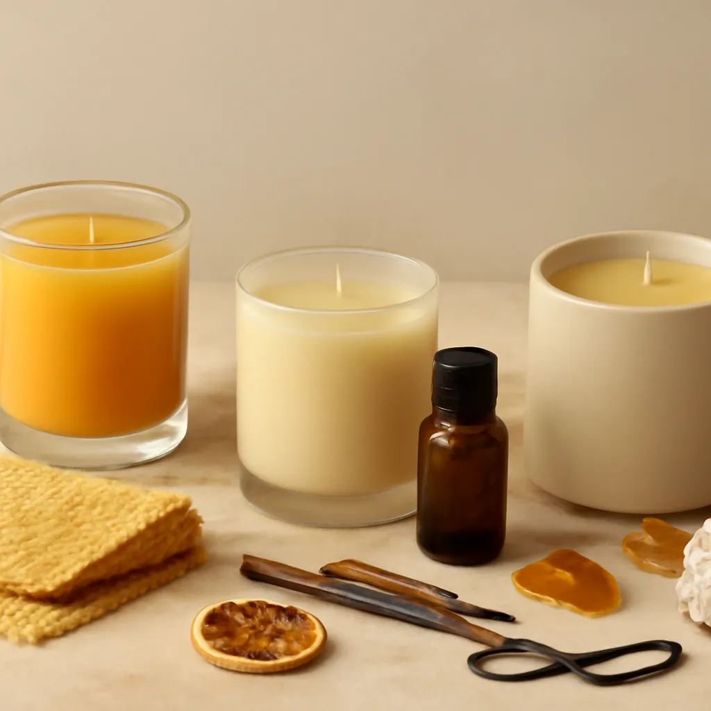 Premium editorial comparison image showing what buyers should evaluate when choosing scented beeswax candles. Create a carefully organized tabletop scene featuring three visually distinct but coordinated candles. Candle 1 represents natural beeswax with a warm golden wax color, simple cotton wick, and minimal styling. Candle 2 represents fragranced beeswax, shown with a small amber fragrance bottle and subtle scent ingredients such as vanilla bean or dried citrus nearby. Candle 3 represents a beeswax blend, shown with a slightly different wax tone and vessel style. Arrange supporting material cues around the three candles: natural honeycomb, beeswax sheet, cotton wick spool, amber wax pieces, glass vessel, wick trimmer, and restrained fragrance ingredients. Visually highlight differences in wax appearance, color, fragrance influence, vessel format, wick type, and material composition without using text or labels. Use a light beige stone, travertine, or natural wood background with soft directional studio lighting. Keep each candle visually separated so viewers can easily compare the three types. Color palette: golden yellow, honey amber, warm cream, ivory, soft caramel, beige, natural wood, and muted brown. Premium editorial product comparison photography, sophisticated and educational composition, realistic beeswax and glass textures, photorealistic, clean visual hierarchy, no text, no logos, no visible branding, no clutter, no excessive decorative styling.