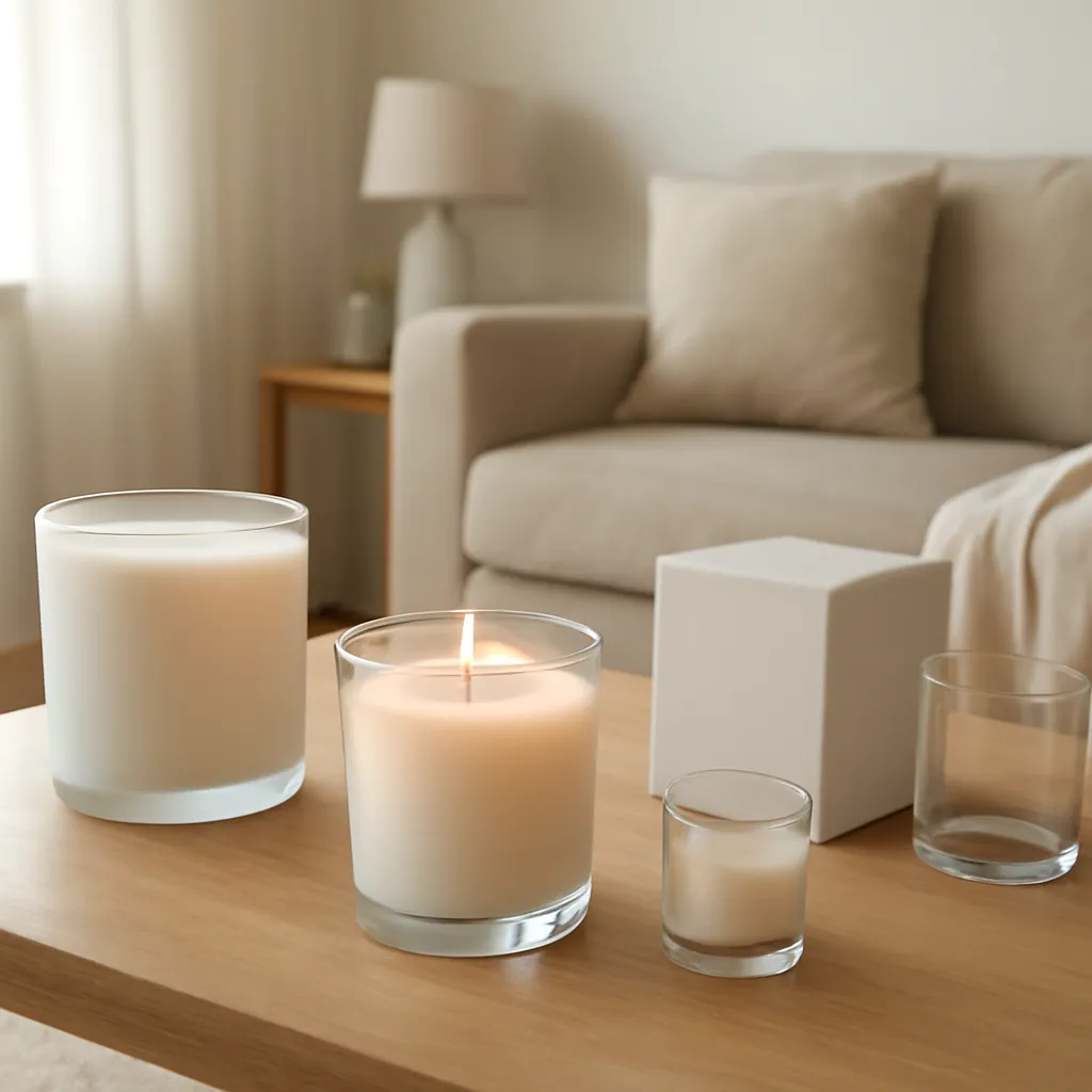 Lifestyle image: long-lasting candle fragrance in a calm living space placed naturally in an American home or event setting, realistic light, uncluttered styling, no text