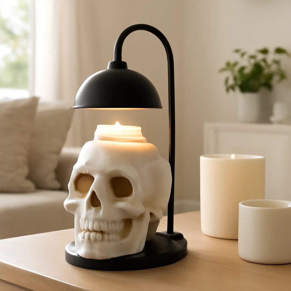 Lifestyle image: carefully placed skull candle warmer lamp on a stable surface placed naturally in an American home, realistic lighting, safe clearances, uncluttered background, no text