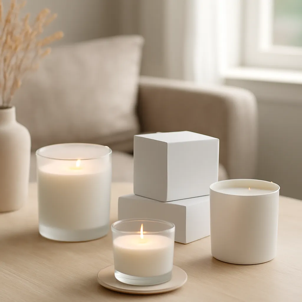 Lifestyle image: minimal soy candle collection with natural modern styling placed naturally in an American home or event setting, realistic light, uncluttered styling, no text