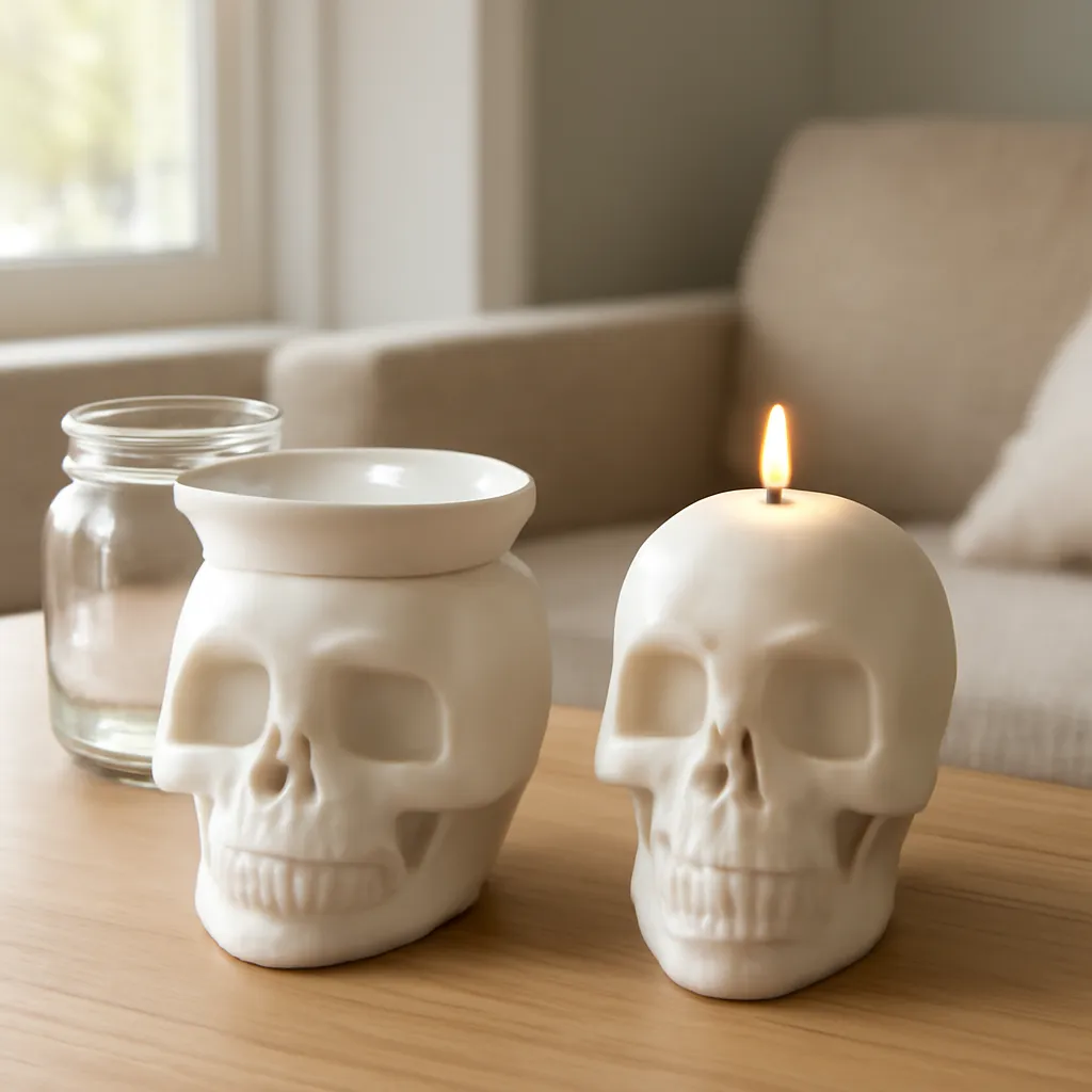 Lifestyle image: skull wax burner and skull candle warmer displayed side by side placed naturally in an American home, realistic lighting, safe clearances, uncluttered background, no text