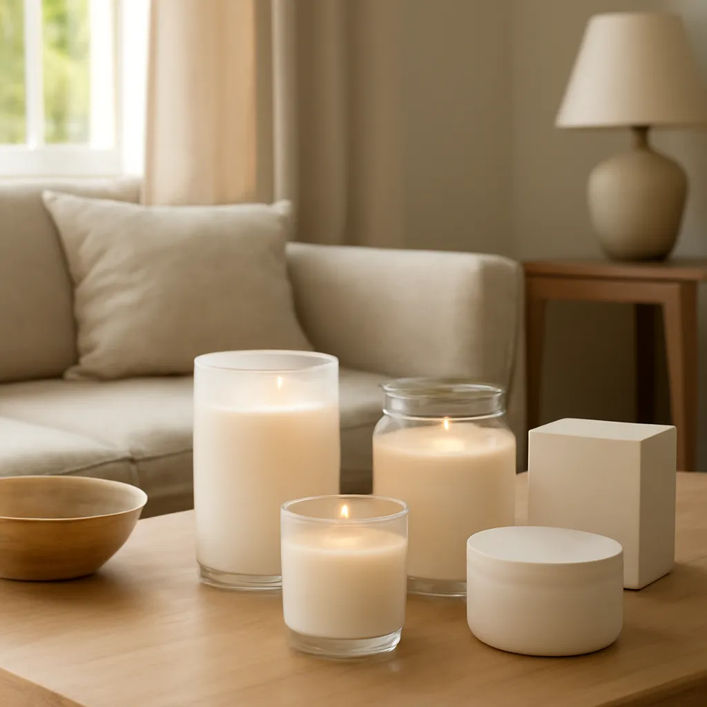 Lifestyle scene: sophisticated non-sweet autumn candle selection placed naturally in an American home, cozy but uncluttered, realistic daylight, no text