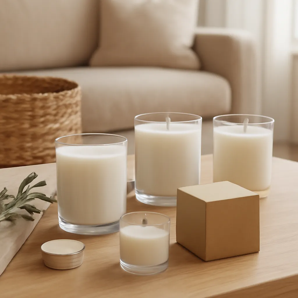 Lifestyle image: clean natural-style candle labels and materials placed naturally in an American home or event setting, realistic light, uncluttered styling, no text