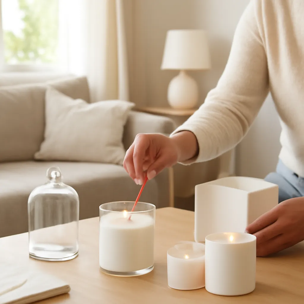 Lifestyle image: weak candle fragrance troubleshooting scene placed naturally in an American home or event setting, realistic light, uncluttered styling, no text