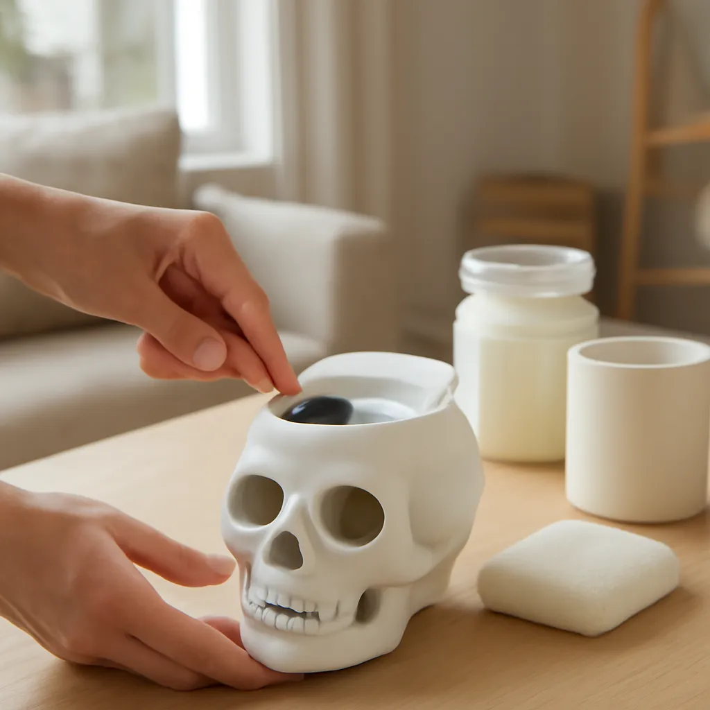 Lifestyle image: cleaning a skull wax warmer with soft non-abrasive tools placed naturally in an American home, realistic lighting, safe clearances, uncluttered background, no text