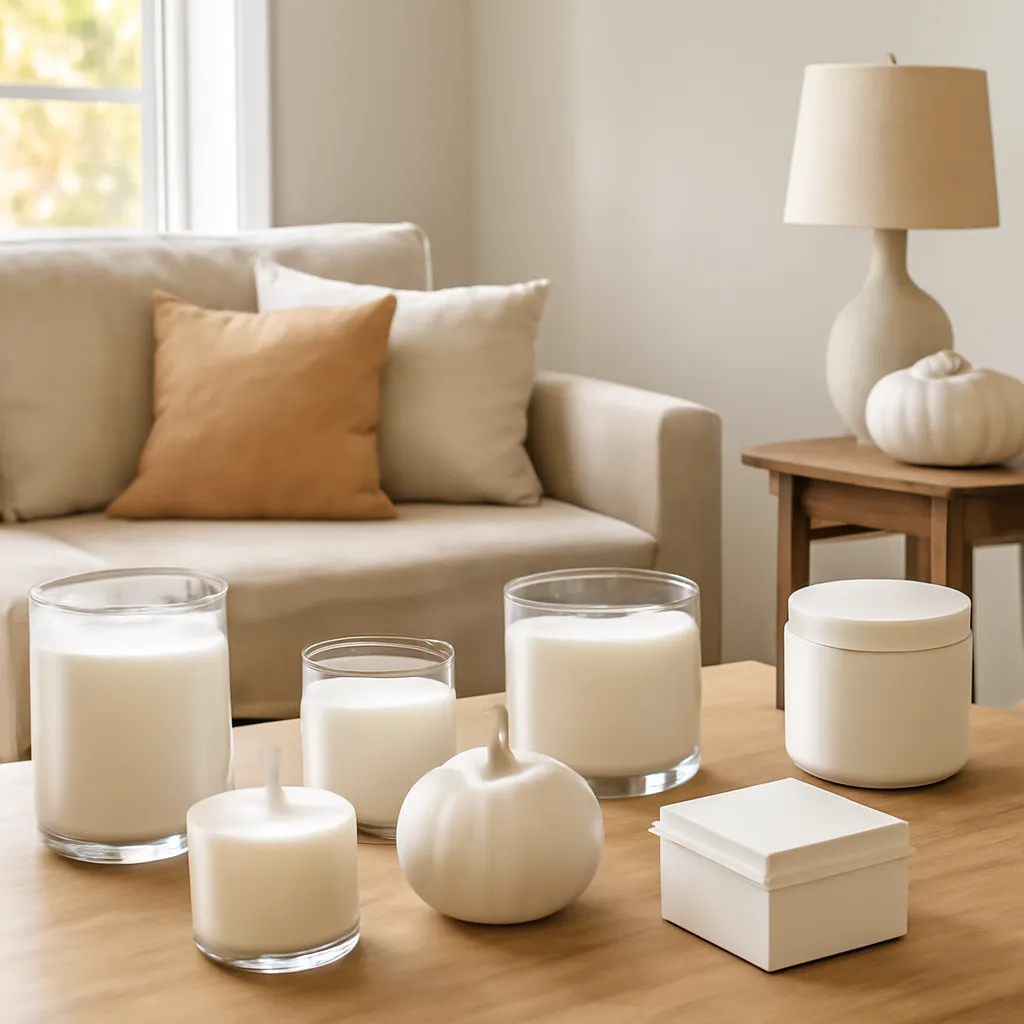 Lifestyle scene: ten sophisticated pumpkin scent concepts placed naturally in an American home, cozy but uncluttered, realistic daylight, no text