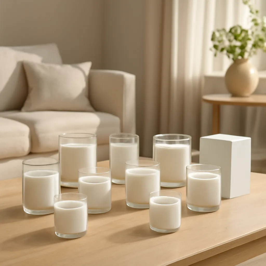 Lifestyle image: twelve refined candle fragrance concepts placed naturally in an American home or event setting, realistic light, uncluttered background, no text