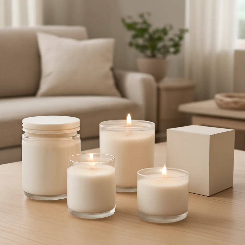 Lifestyle image: multiple candle jar shapes compared in a studio placed naturally in an American home or event setting, realistic light, uncluttered styling, no text