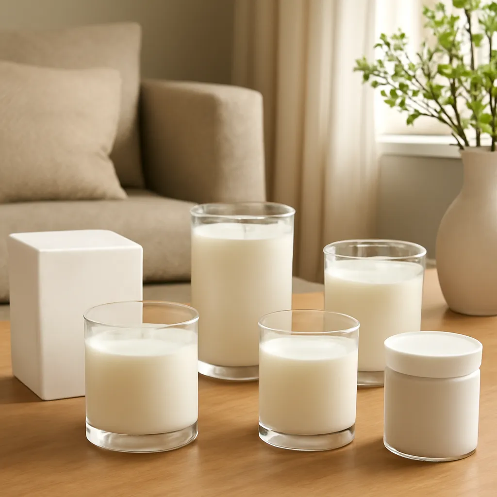 Lifestyle image: multiple premium jar candle shapes compared in a studio placed naturally in an American home or event setting, realistic light, uncluttered styling, no text