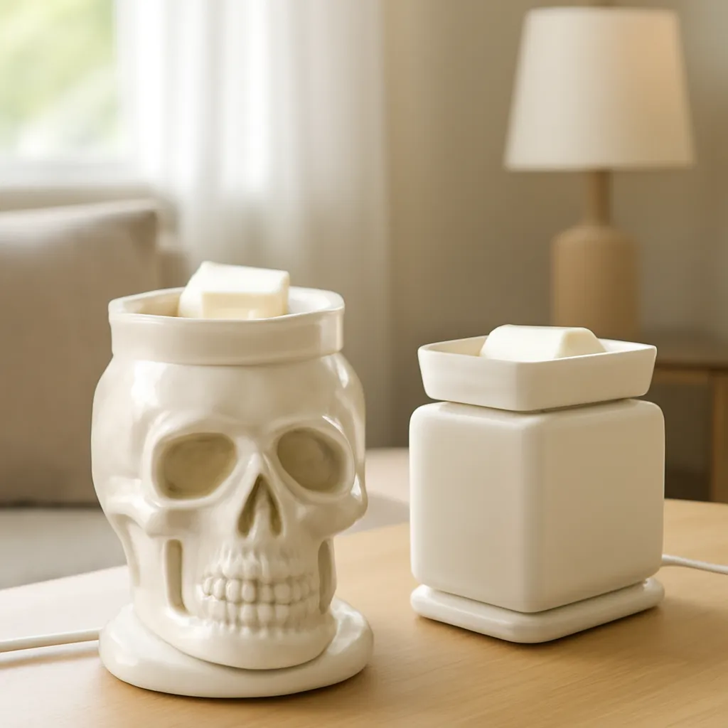 Lifestyle image: skull jar warmer and tart warmer compared for scent control placed naturally in an American home, realistic lighting, safe clearances, uncluttered background, no text