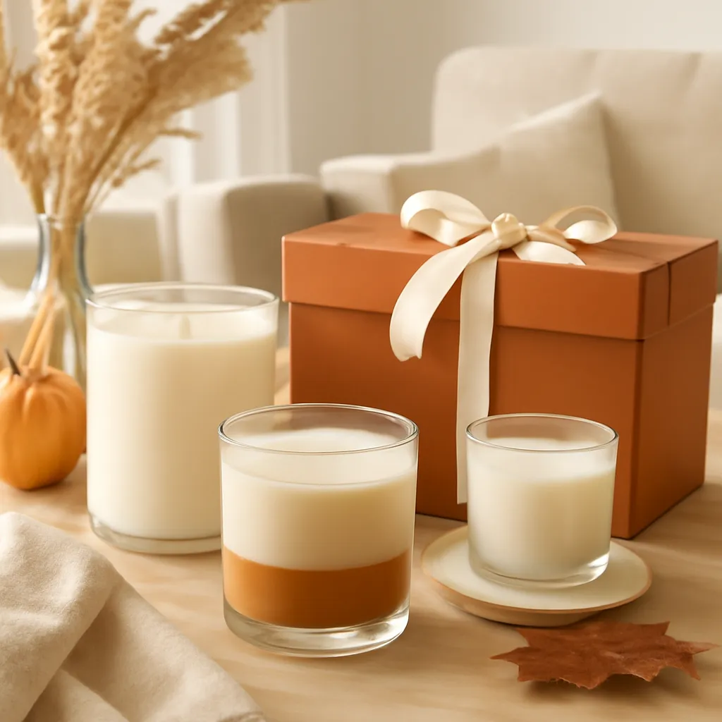 Commercial CTA image: elegant fall candle product presentation related to layered vanilla pumpkin home fragrance, gift-ready styling, premium ecommerce photography, no text