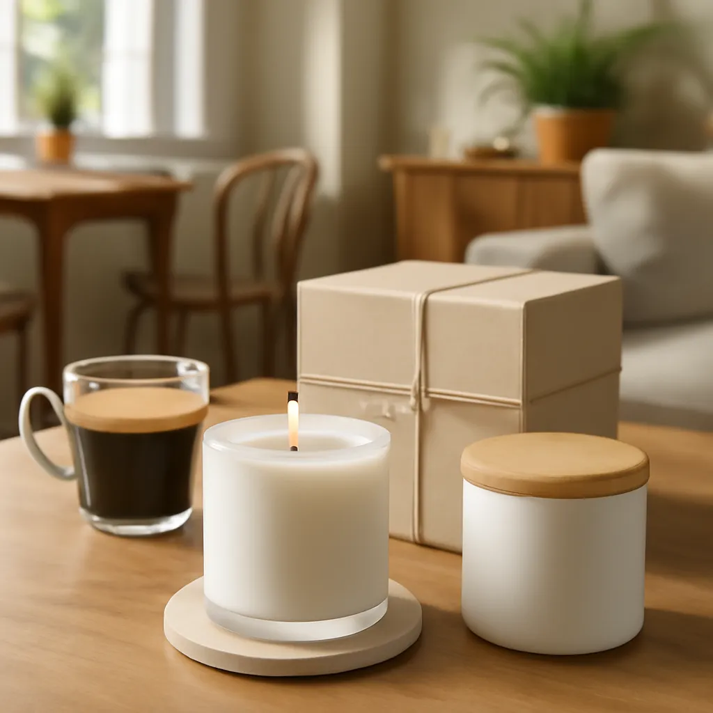 Commercial CTA image: gift-ready scented candle presentation related to espresso candle with café-style interior, premium ecommerce photography, no text