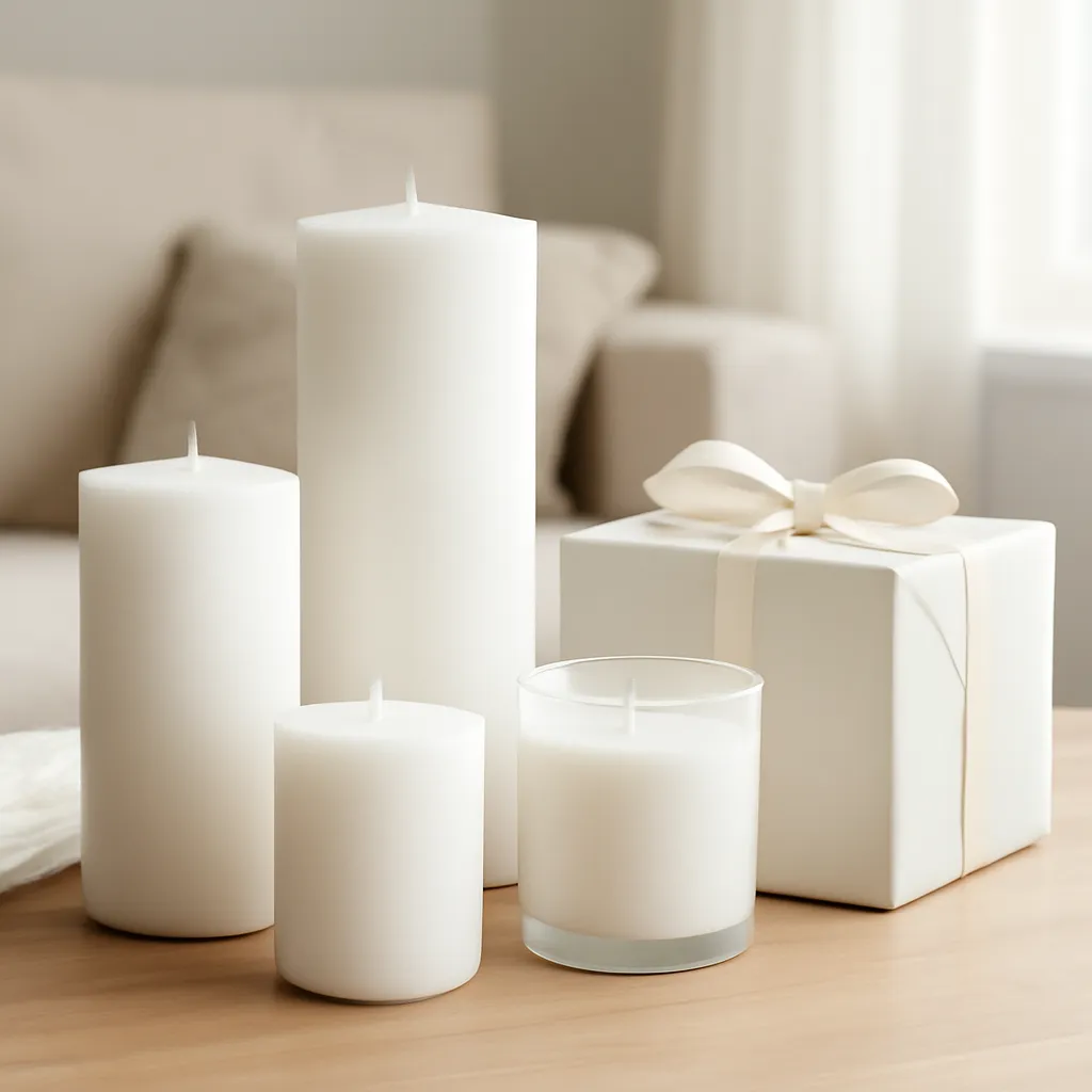 Commercial CTA image: premium scented candle presentation related to elegant scented pillar candles in several heights, gift-ready ecommerce styling, no text