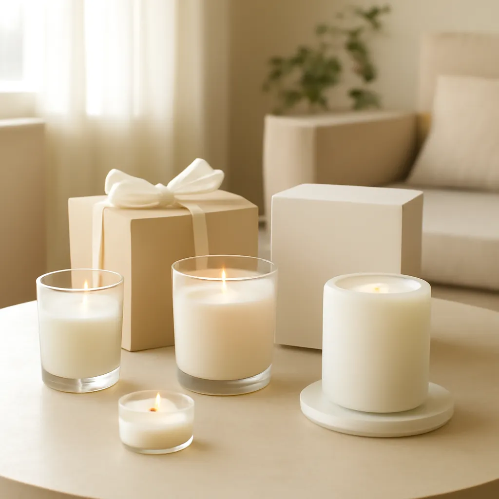 Commercial CTA image: premium scented candle presentation related to votive and tea light candles arranged on an elegant table, gift-ready ecommerce styling, no text