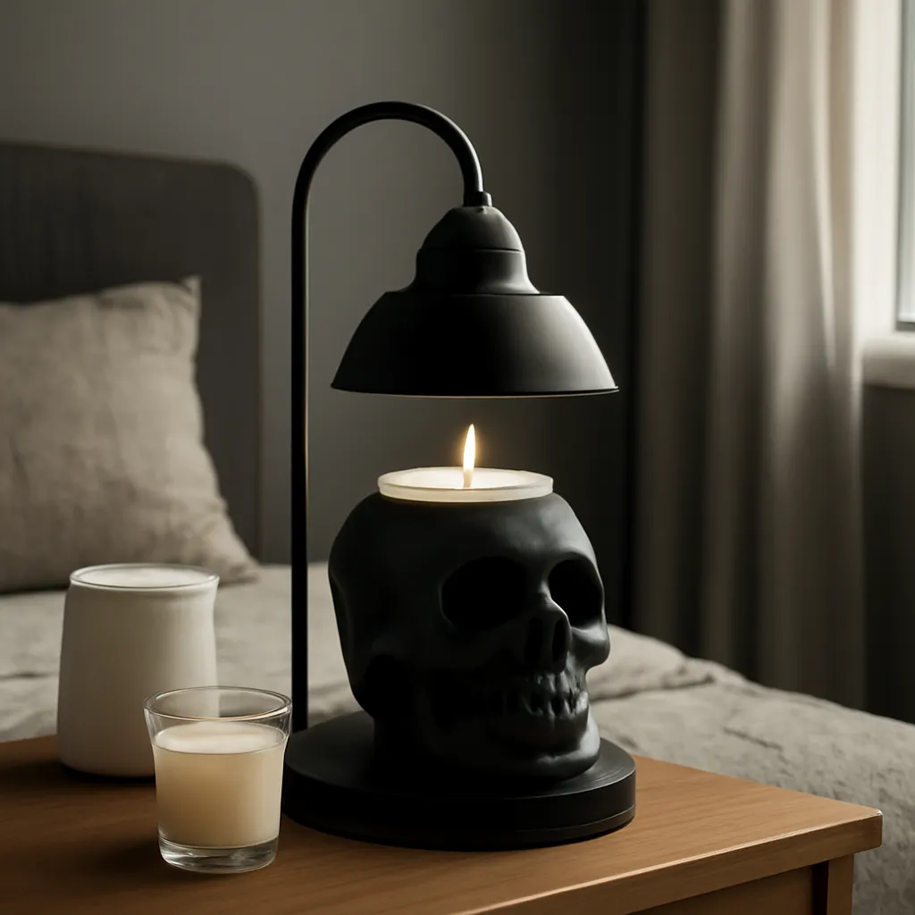 Commercial CTA image: gift-ready Skull Candle Warmer Lamp or skull wax warmer related to gothic candle warmer in a calm dark bedroom, premium ecommerce photography, no text