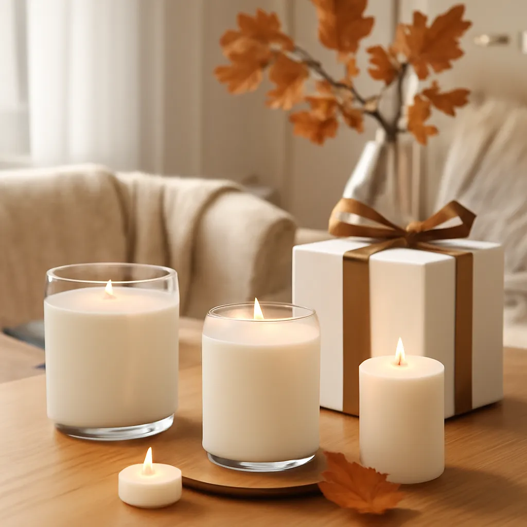 Commercial CTA image: elegant fall candle product presentation related to four-scene autumn scent story, gift-ready styling, premium ecommerce photography, no text